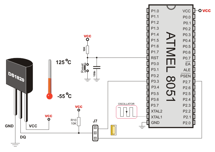 Easy8051A DS1820 Digital thermometer Schematic Overview